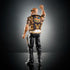 Rear angled view of WWE The Rock action figure in ornate black and gold vest, raising fist with detailed tattoos and black pants against a dark background.