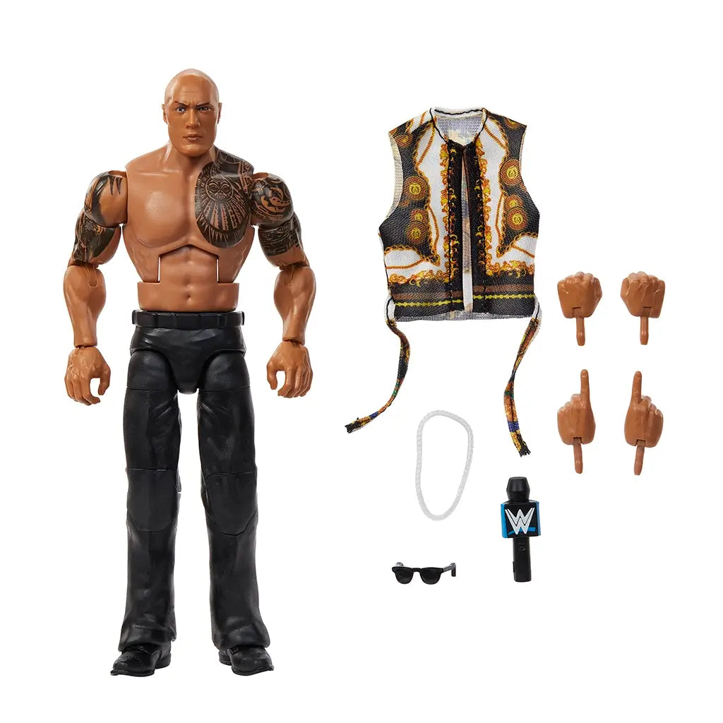 WWE The Rock figure with interchangeable hands, microphone, necklace, sunglasses, and removable vest displayed alongside the muscular action figure in black pants.
