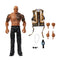 WWE The Rock figure with interchangeable hands, microphone, necklace, sunglasses, and removable vest displayed alongside the muscular action figure in black pants.