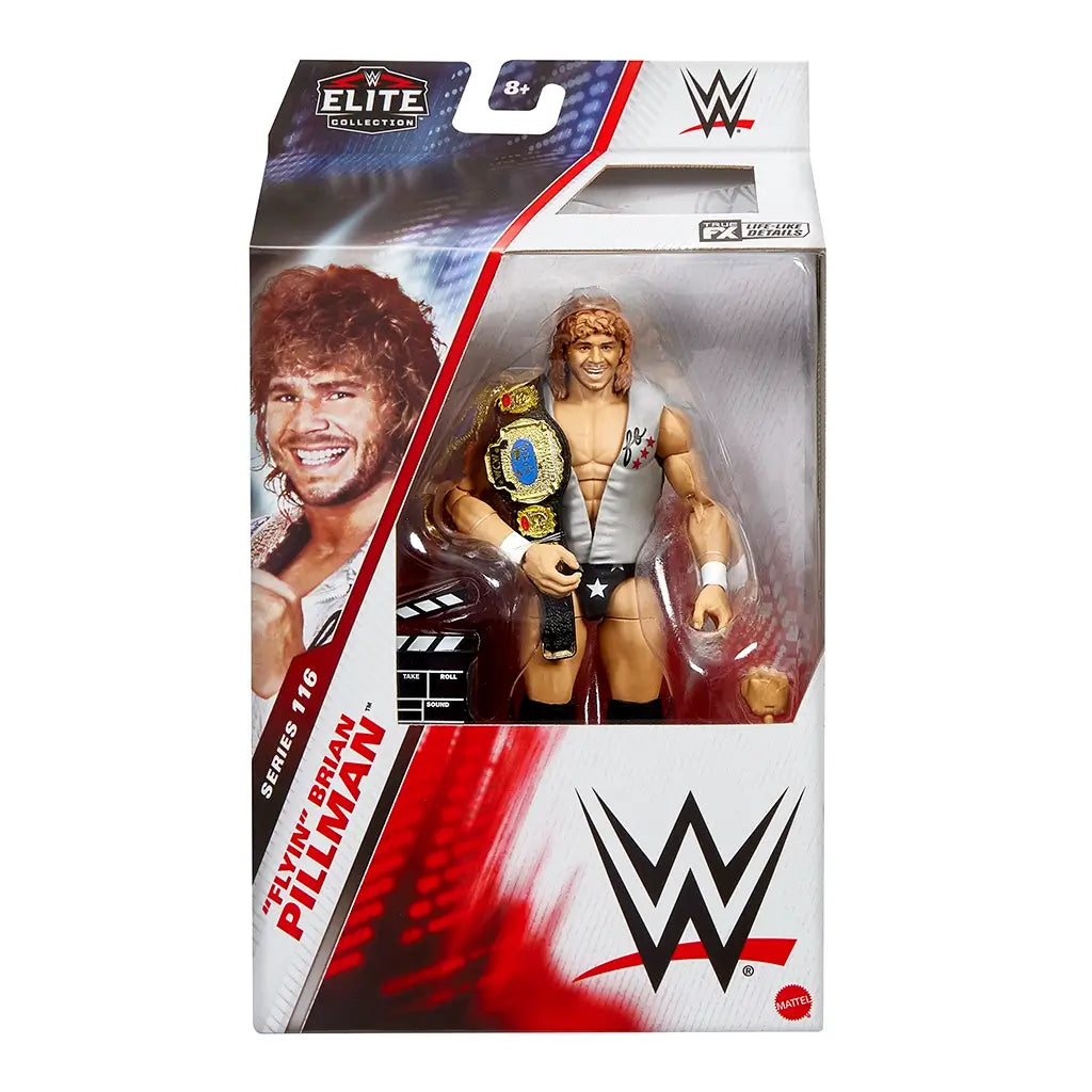 WWE Elite Collection Series 116 Brian Pillman action figure displayed in retail box with illustrated portrait, championship belt accessory, and branding details in red, black, and white packaging design.