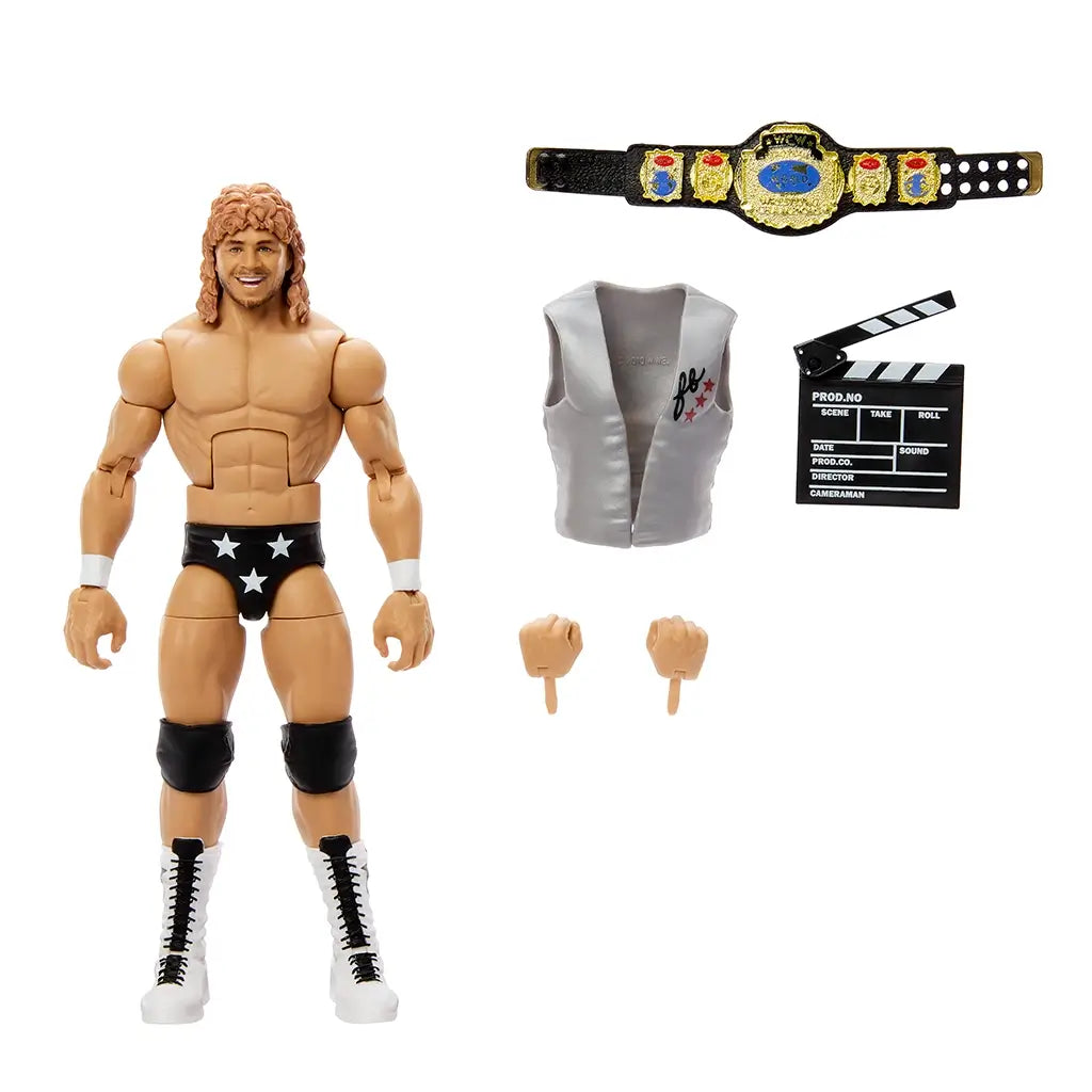 WWE Elite Collection Series 116 Brian Pillman figure shown with removable accessories including championship belt, silver vest, interchangeable hands, and movie clapperboard beside the articulated action figure.