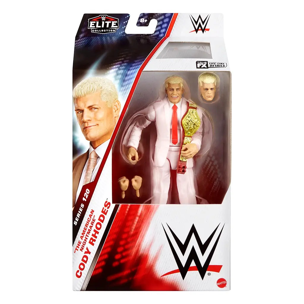 Front of WWE Elite Collection Cody Rhodes packaging featuring clear window box, branded graphics, portrait artwork, alternate head and hands visible inside, and gold championship belt accessory presented as a premium wrestling collectible.