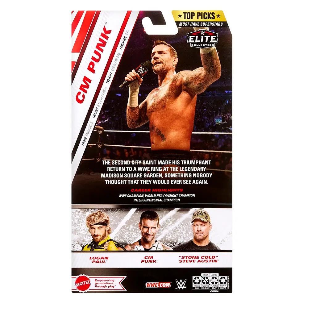 Back of WWE Elite Collection CM Punk figure packaging showing wrestler biography, match photo, career highlights, and images of Logan Paul and Steve Austin.