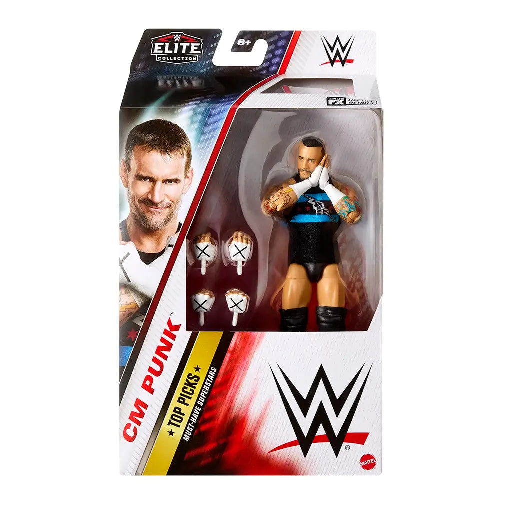 Front of WWE Elite Collection CM Punk figure box featuring window display, figure in black gear with extra hands, branded WWE logo, and bold CM Punk text.