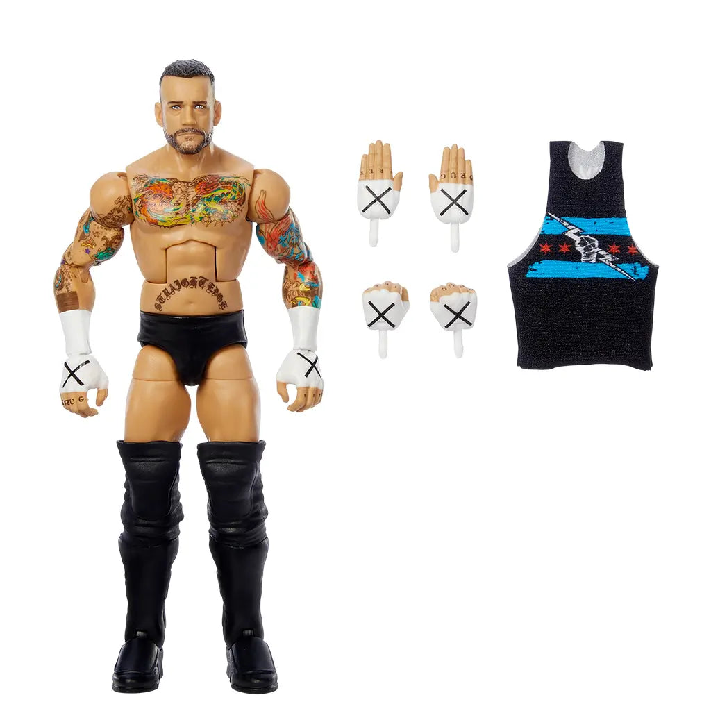 WWE Elite CM Punk action figure with removable shirt, alternate hands, and detailed tattoos, displayed on a white background highlighting accessories included.