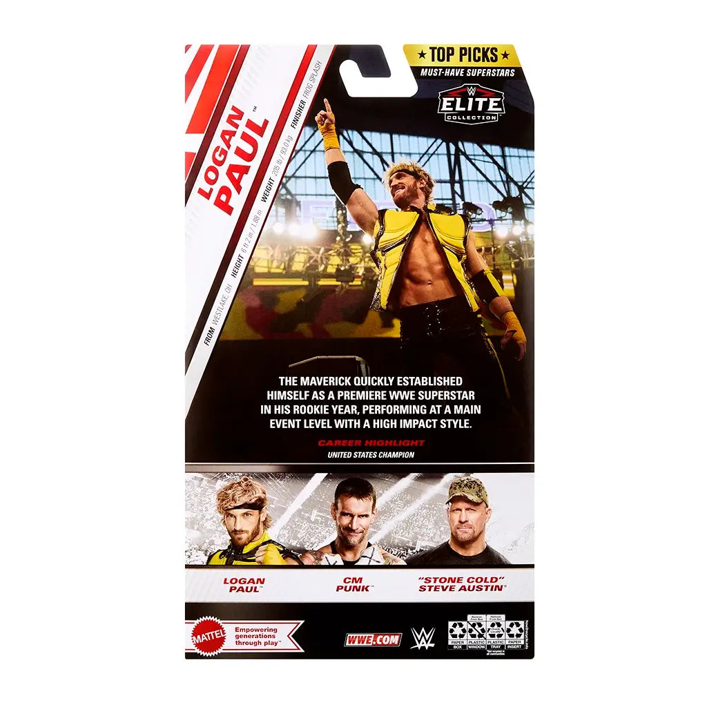 Back of WWE Elite Logan Paul action figure packaging showing wrestler image, biography text, and other collectible figures including CM Punk and Stone Cold.