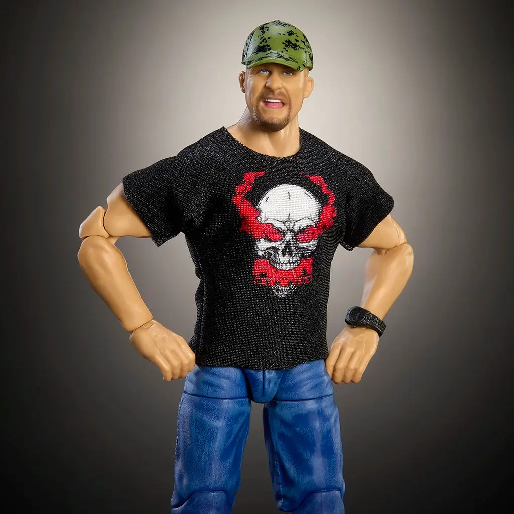 WWE Elite Collection Stone Cold Steve Austin action figure close-up wearing black skull graphic shirt, camouflage cap, blue jeans, and white sneakers with realistic detailing.