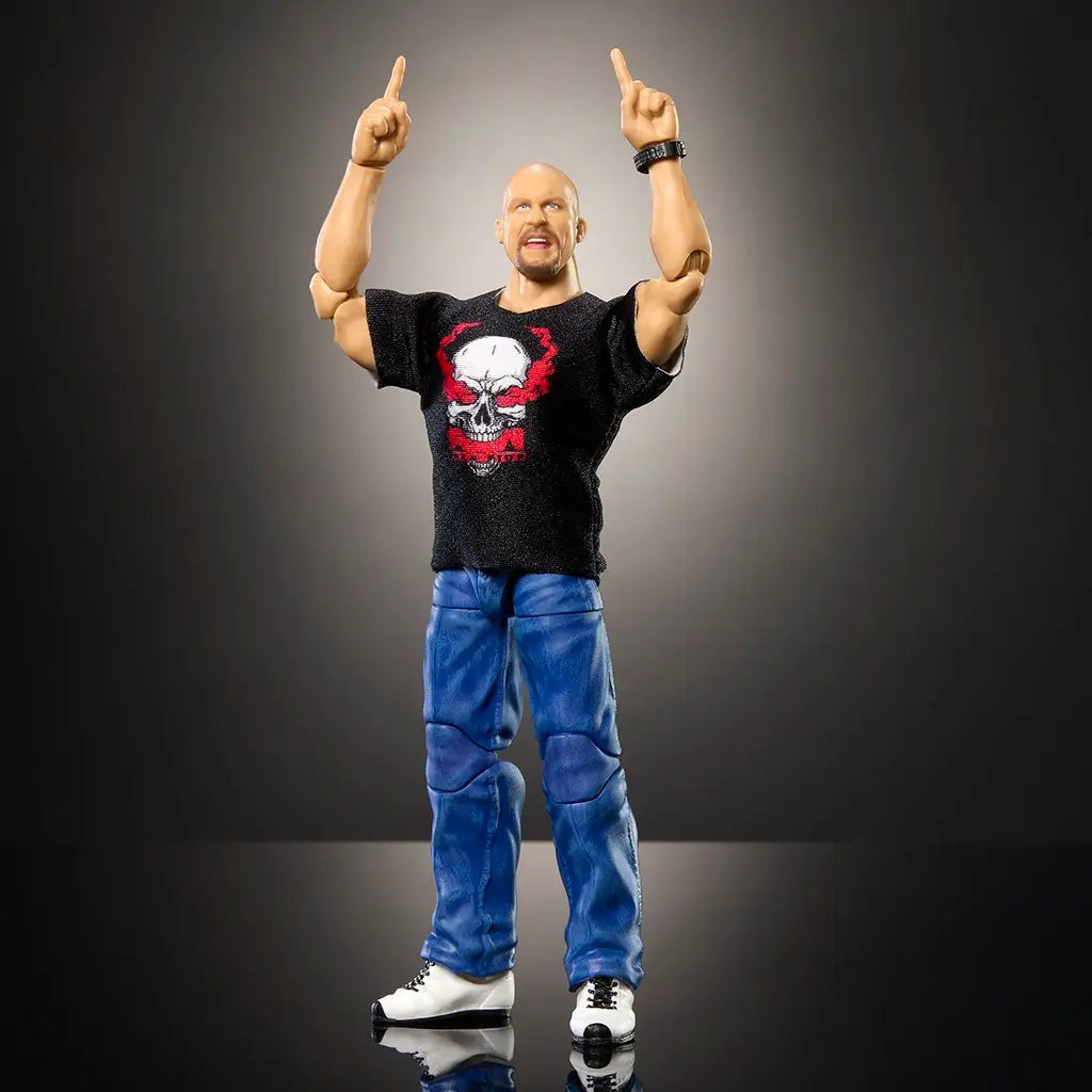 WWE Elite Collection Stone Cold Steve Austin figure posed with beer can accessory, black skull shirt, and red cooler, highlighting deluxe articulation and lifelike detail.