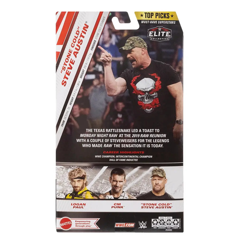 WWE Elite Collection Stone Cold Steve Austin action figure packaging back, showing wrestler image, career highlights, product details, and other superstar figures featured.