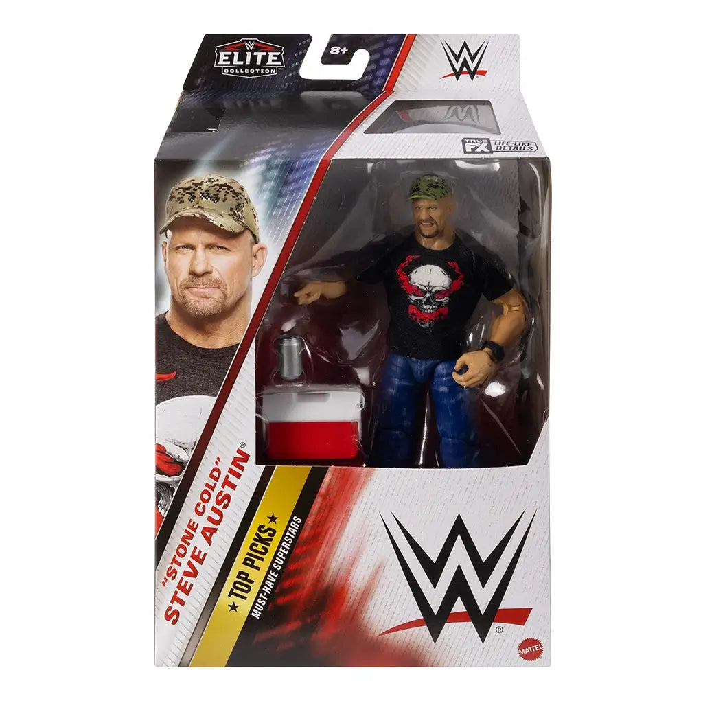 WWE Elite Collection Stone Cold Steve Austin figure in retail box with character photo, action figure, cooler, and can accessory visible through clear plastic window.