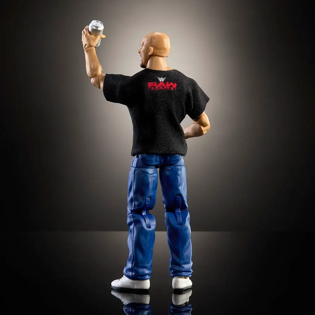 WWE Elite Collection Stone Cold Steve Austin figure rear view, wearing black RAW reunion shirt, blue jeans, and holding silver can accessory with articulated stance.