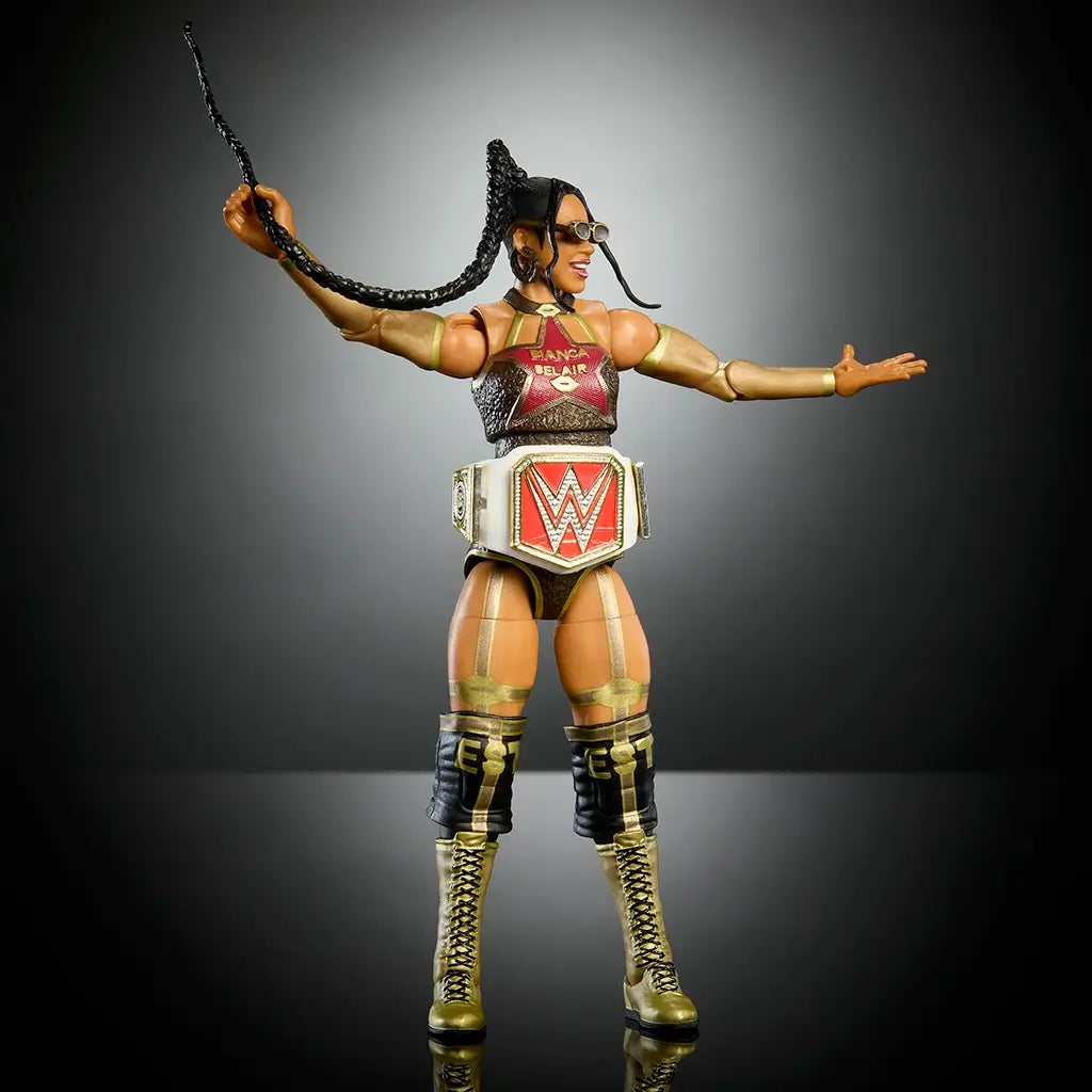 Poseable Bianca Belair action figure wearing black and gold attire, RAW Women’s Championship belt, sunglasses, and iconic braid, displayed mid-ring entrance pose with arms outstretched.