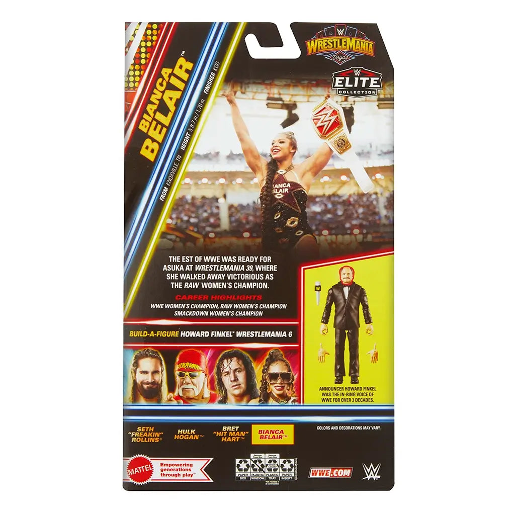 Back of WWE Elite Collection Bianca Belair figure packaging showing career highlights, WrestleMania 39 victory over Asuka, build-a-figure Howard Finkel, and wrestler portraits.