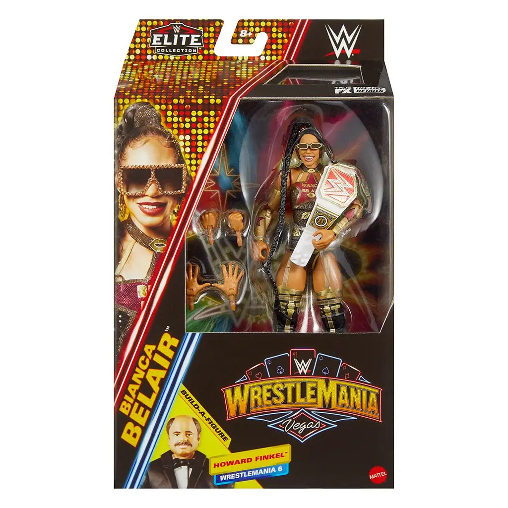 WWE Elite Collection WrestleMania Vegas Bianca Belair action figure in package with red and gold gear, RAW Women’s Championship belt, sunglasses, and interchangeable hands.