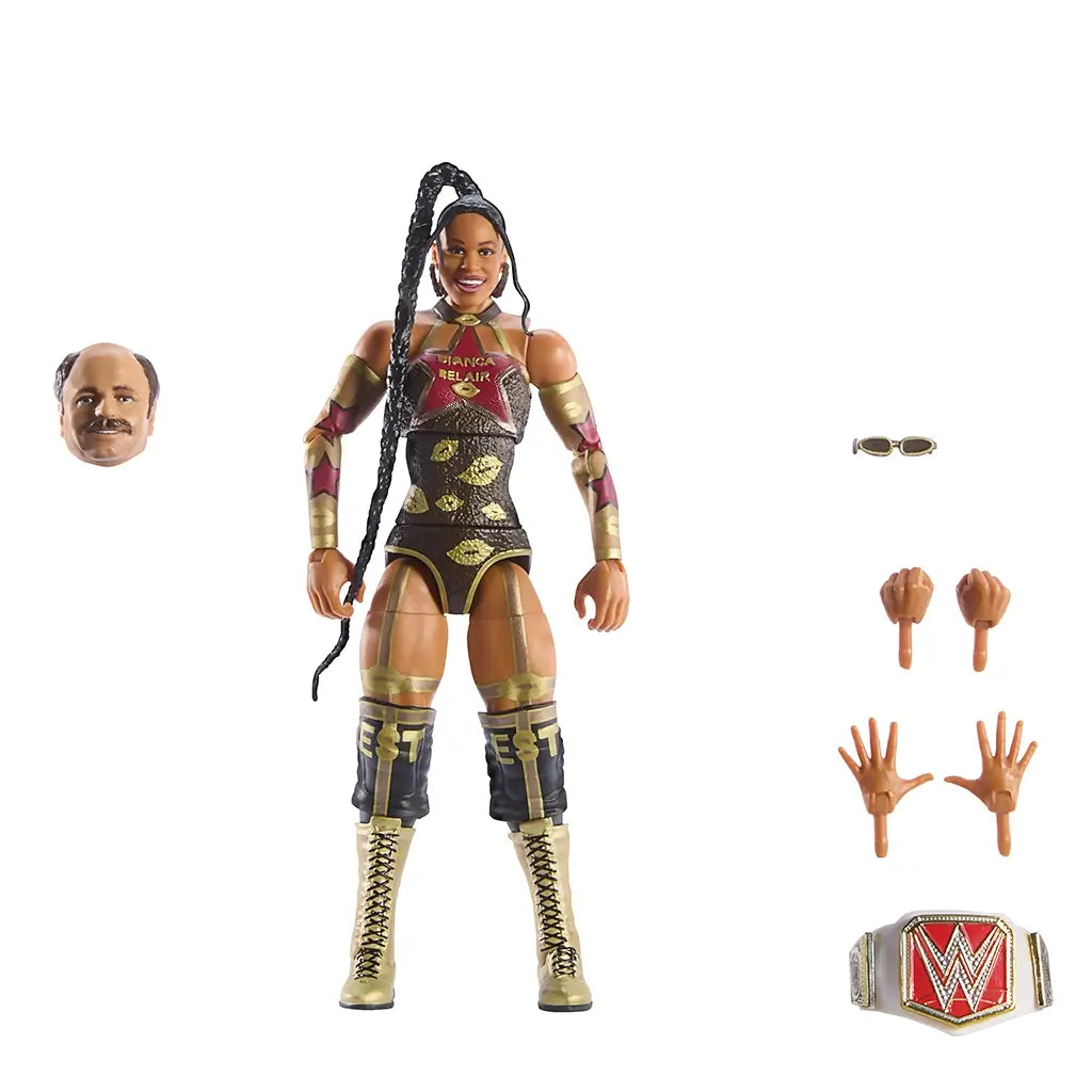Bianca Belair WWE action figure with detailed black and gold ring gear, long braid, removable accessories including sunglasses, championship belt, and interchangeable hands.