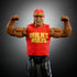 Close-up of Hulk Hogan WWE action figure flexing muscles in red Hulk’s Rules shirt, black pants, red bandana, showing sculpted arms, mustache, and poseable articulation details.