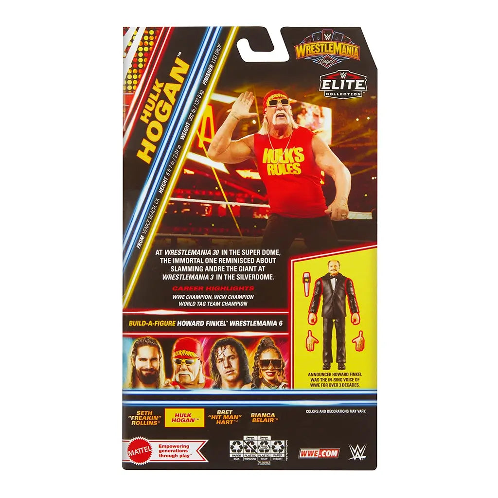 Back of WWE Elite Collection Hulk Hogan figure box featuring career highlights, WrestleMania imagery, wrestler portraits, and details of build-a-figure Howard Finkel accessory.