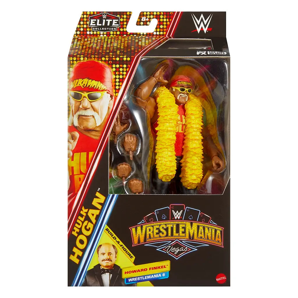 WWE Elite Collection WrestleMania Vegas Hulk Hogan action figure in packaging, showing red shirt with Hulk’s Rules logo, yellow feather boa, and extra hands with branding.