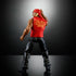 Rear angled view of Hulk Hogan Elite Collection wrestling figure wearing red shirt with motivational text, black pants, red bandana, showing muscular build and hand-to-ear pose.