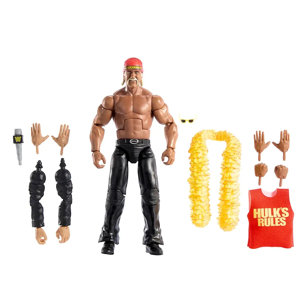 Full accessory set for Hulk Hogan Elite Collection action figure including alternate hands, arms, sunglasses, red shirt, yellow feather boa, and WWE microphone for play or display.