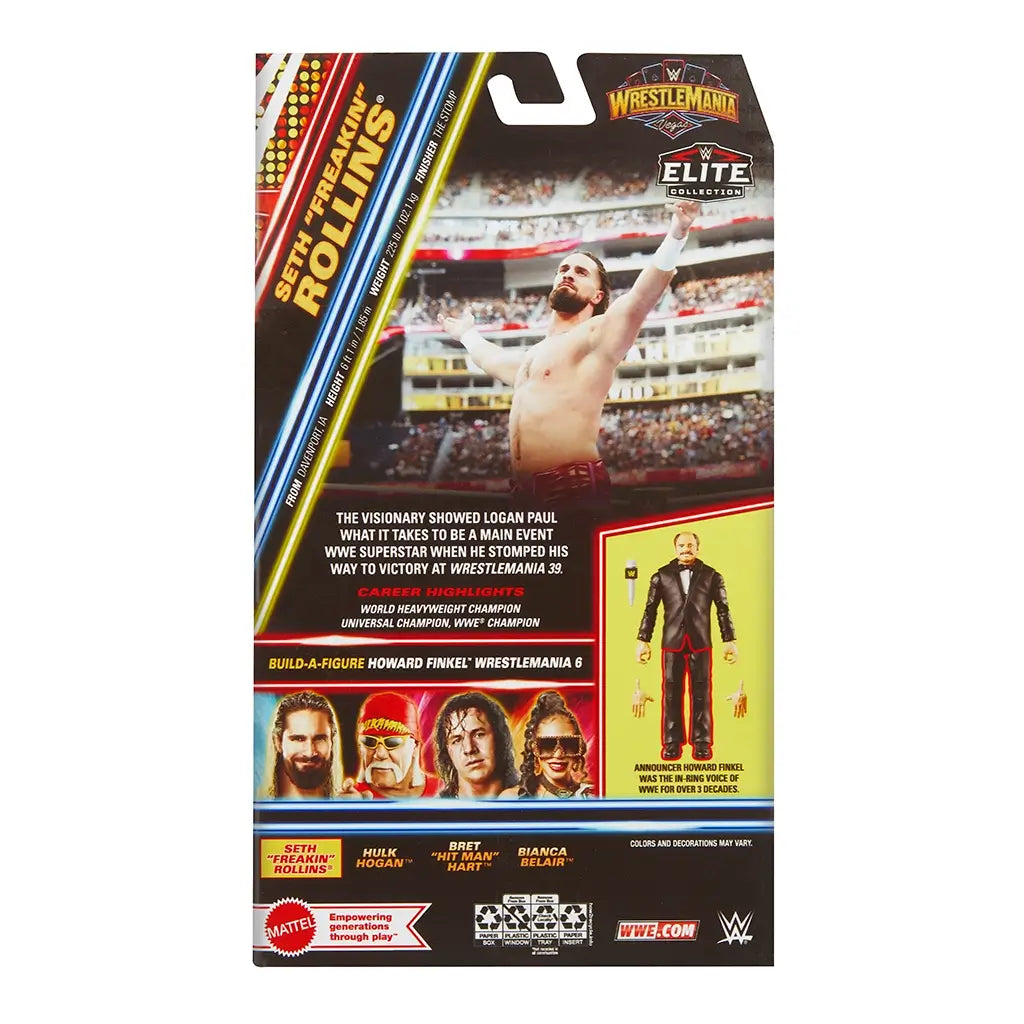 Back of WWE Elite Collection Seth Rollins box showing figure bio, career highlights, WrestleMania 39 victory over Logan Paul, and Howard Finkel build-a-figure details.