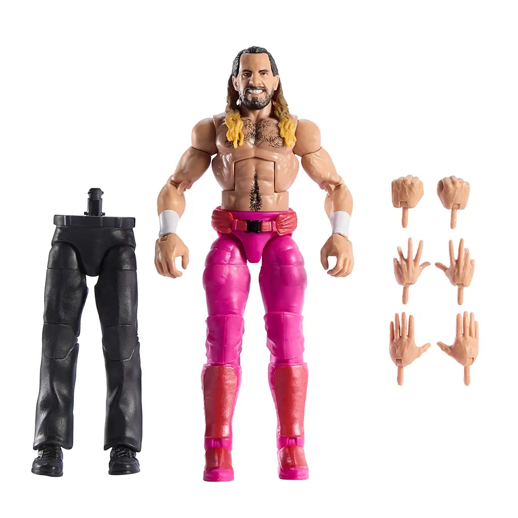 WWE Seth Rollins Elite action figure with accessories including interchangeable hands and Howard Finkel build-a-figure legs, posed in pink pants and red boots.