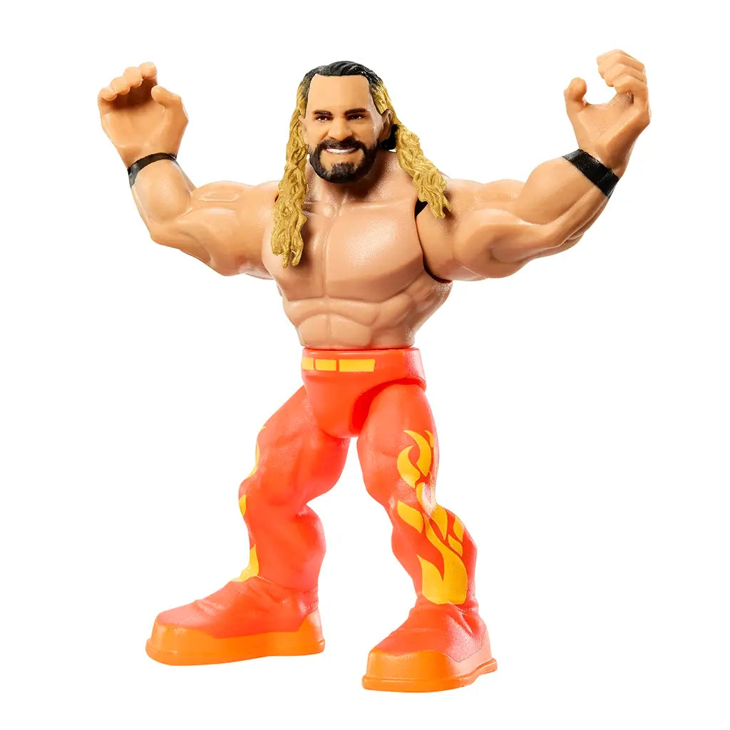 WWE Knuckle Crunchers Seth Rollins action figure with muscular arms raised, long blonde hair, beard, red pants with yellow flames, and orange boots in stylized design.