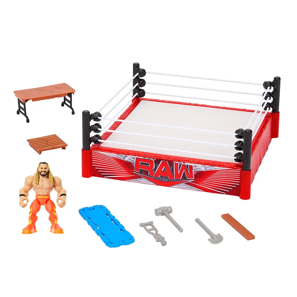 WWE Knuckle Crunchers Rebound Ring playset contents including RAW wrestling ring, Seth Rollins figure, folding table, stretcher, breakaway panels, and toy weapons.