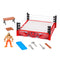 WWE Knuckle Crunchers Rebound Ring playset contents including RAW wrestling ring, Seth Rollins figure, folding table, stretcher, breakaway panels, and toy weapons.
