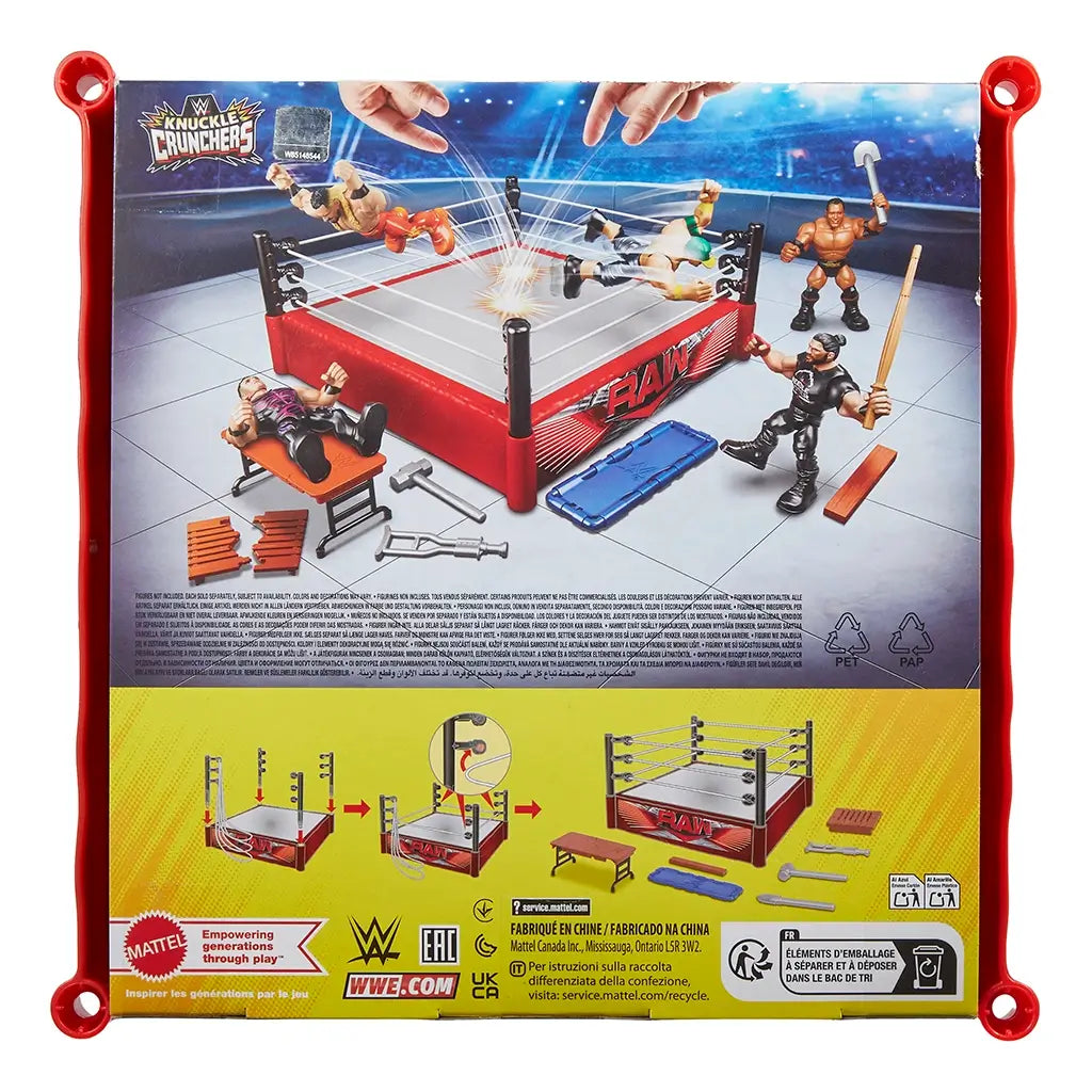 Back packaging of WWE Knuckle Crunchers Rebound Ring playset with action scene of figures battling in the RAW ring, accessory images, and assembly instructions.