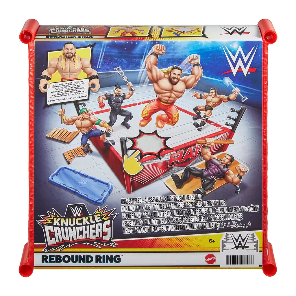 Front packaging of WWE Knuckle Crunchers Rebound Ring playset with Seth “Freakin” Rollins figure jumping inside RAW wrestling ring, surrounded by illustrated opponents.