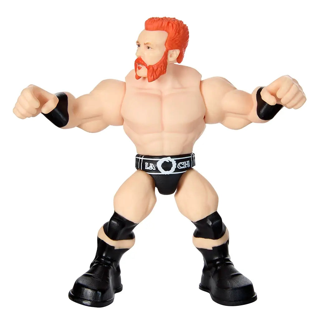 WWE Knuckle Crunchers Sheamus close-up action figure with muscular build, orange hair, black trunks reading “Laoch,” black wristbands, and boots, arms raised in fight stance.