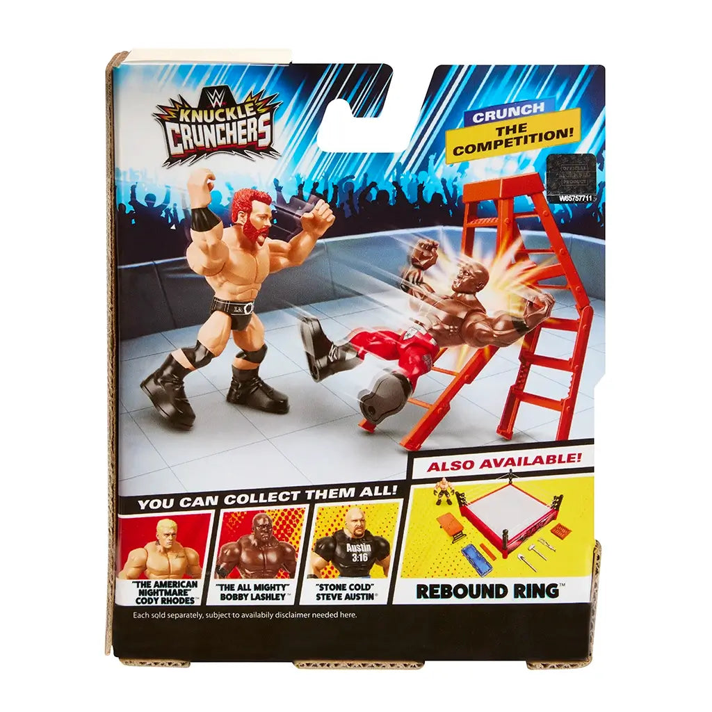 Back of WWE Knuckle Crunchers Sheamus package showing wrestling arena artwork, action scene with ladder, and collectible lineup including Cody Rhodes and Bobby Lashley.
