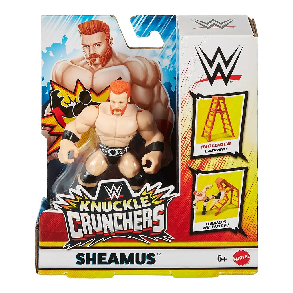 WWE Knuckle Crunchers Sheamus action figure in retail box, featuring muscular design, black trunks, and orange ladder accessory with illustrated wrestling backdrop.