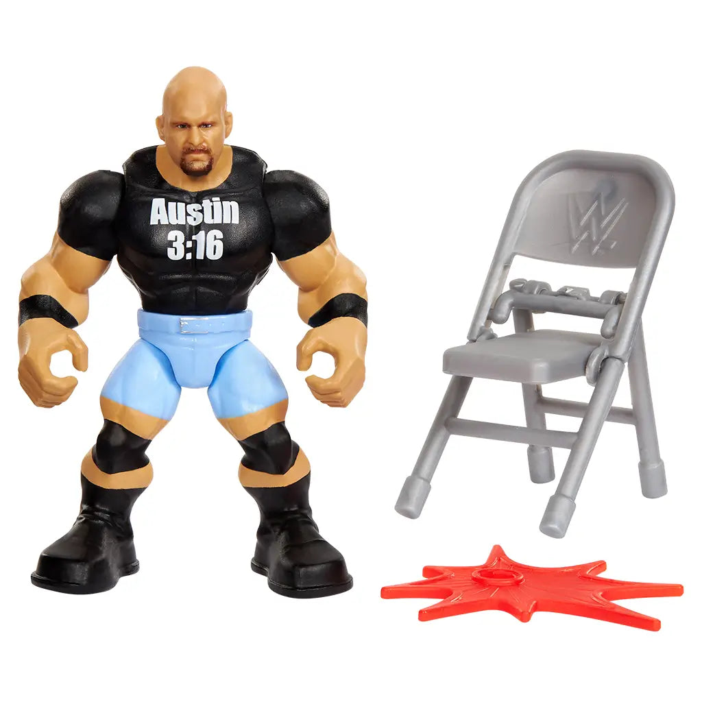Stone Cold Steve Austin WWE Knuckle Crunchers figure wearing black Austin 3:16 shirt and blue trunks, displayed with folding gray chair accessory and red plastic impact effect piece.