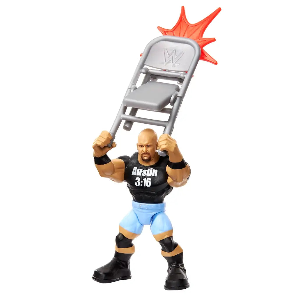 WWE Knuckle Crunchers Stone Cold Steve Austin toy figure holding folding gray chair above head with red impact accessory, designed for posable wrestling action play and collector display.