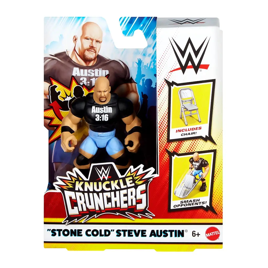 WWE Knuckle Crunchers front packaging featuring Stone Cold Steve Austin 3.5-inch action figure in black shirt with "Austin 3:16" text, with folding chair accessory and illustrated backdrop.