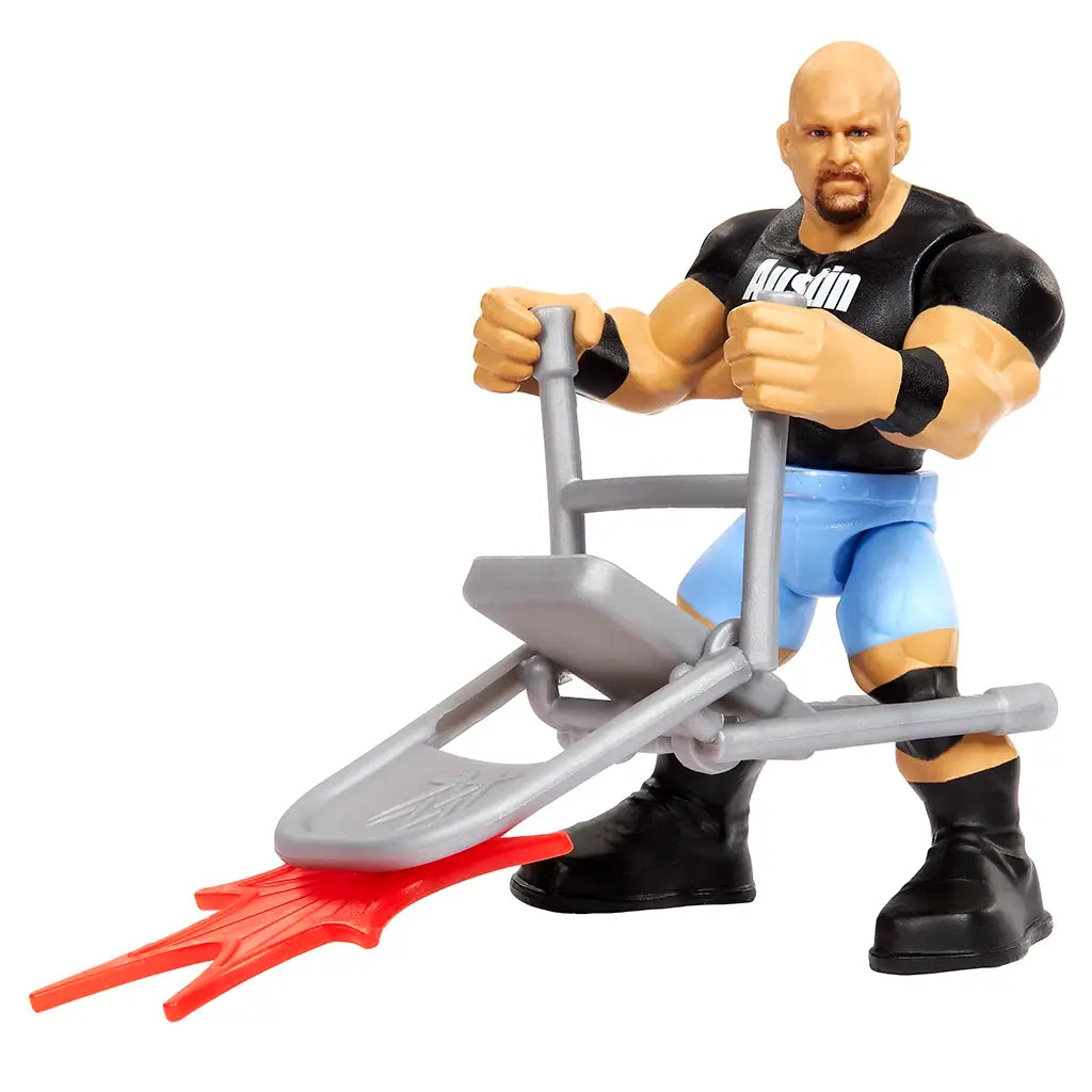 WWE Knuckle Crunchers Stone Cold Steve Austin figure posed with folding gray chair accessory and red action effect, emphasizing play features with articulated arms for dynamic wrestling moves.