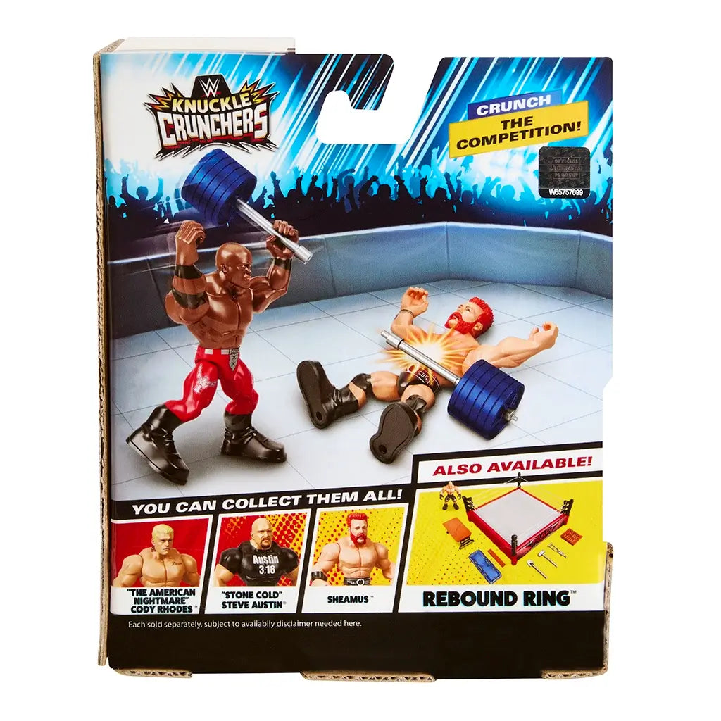 Back of WWE Knuckle Crunchers Bobby Lashley package showing figure in wrestling ring with barbell accessory, other collectible wrestlers, and rebound ring playset option.
