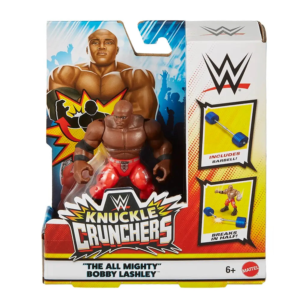 WWE Knuckle Crunchers Bobby Lashley action figure in retail packaging with comic-style graphics, showcasing red pants, barbell accessory, and break-apart wrestling play feature.