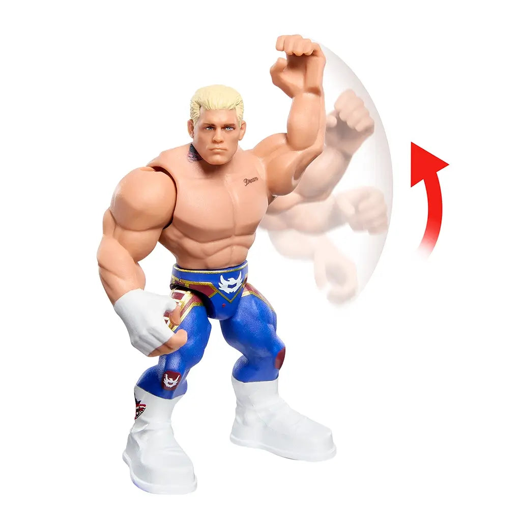 WWE Cody Rhodes action figure with articulated arm joint raised upward, wearing blue tights with gold accents and white boots, shown in motion-ready wrestling pose.