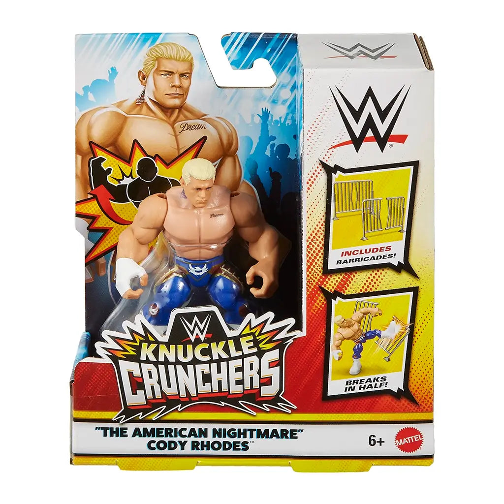 WWE Knuckle Crunchers Cody Rhodes action figure in original Mattel packaging, showing the wrestler with muscular build, blue tights, and accessories including breakable barricades.