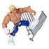 Poseable WWE Cody Rhodes action figure wearing blue tights and white boots, kicking through silver barricade accessory for realistic wrestling play and display action scenes.