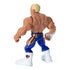Rear angled view of WWE Cody Rhodes action figure, showing muscular back, blond hair, blue tights with gold trim, and white boots with American flag design details.