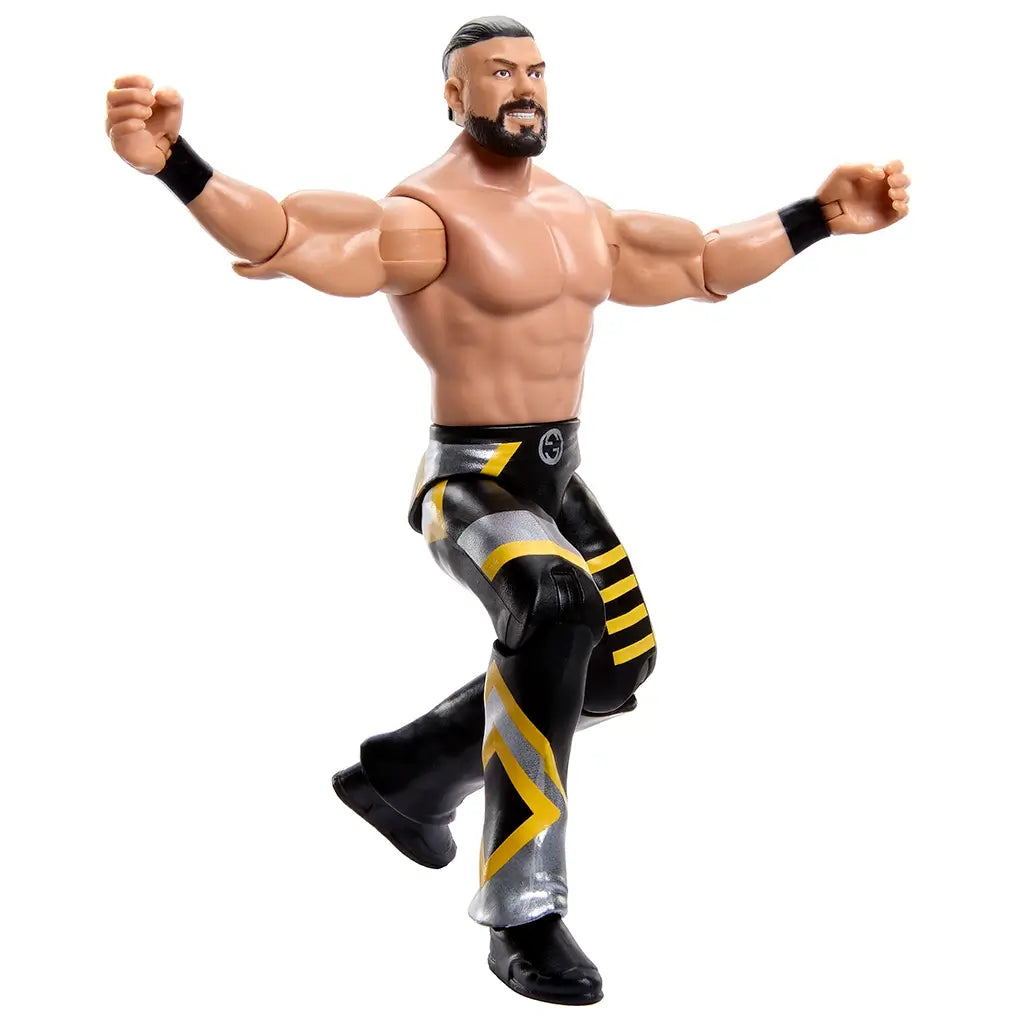 WWE Main Event Series Andrade wrestling figure poseable view featuring tan plastic muscular build, black and yellow ring pants, articulated arms and legs, raised fist pose, black wristbands, and balanced stance on a white studio background.