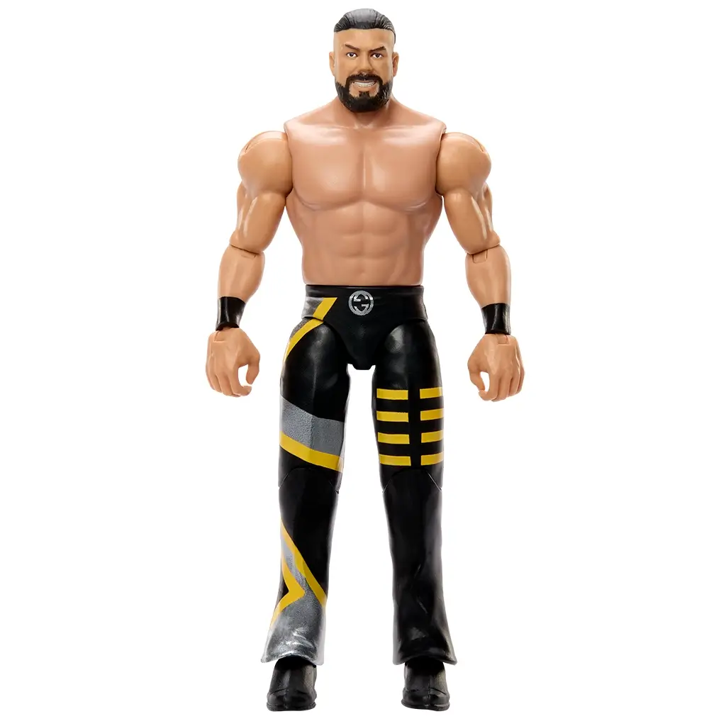 WWE Main Event Series Andrade wrestling figure shown in tan and black plastic with muscular sculpted torso, short slicked-back hair, full beard, black pants with yellow and silver accents, wrist tape, and black boots on a white studio background.