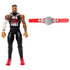 WWE Jey Uso action figure stands beside a silver-and-red championship belt, displaying articulated black pants, red shoes, muscle definition, and tattooed arms on a plain white background.