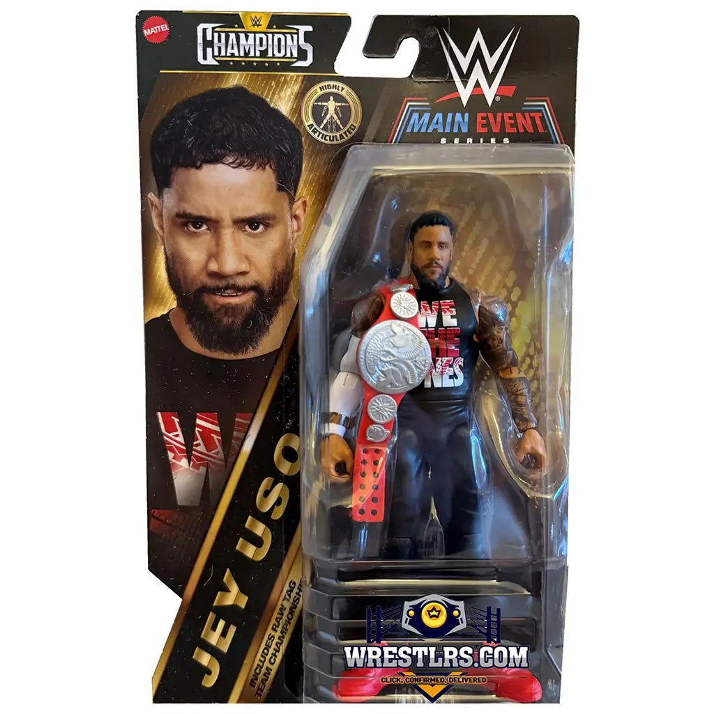 WWE Main Event Series Jey Uso figure appears in retail packaging, showing the action figure and silver championship belt inside a clear plastic window with bold branded graphics.