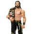 WWE Seth Rollins action figure holds a textured championship belt across his shoulder, highlighting black-and-gold ring gear, molded hair, defined torso lines, and crisp plastic details in studio lighting.