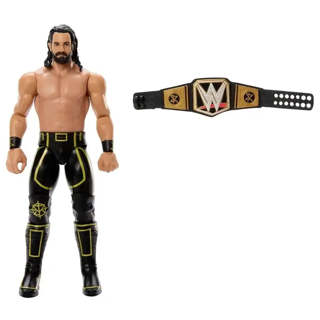 WWE Seth Rollins action figure stands beside a detachable championship belt, displaying glossy black-and-gold attire, articulated joints, and clean sculpted features against a plain white backdrop
